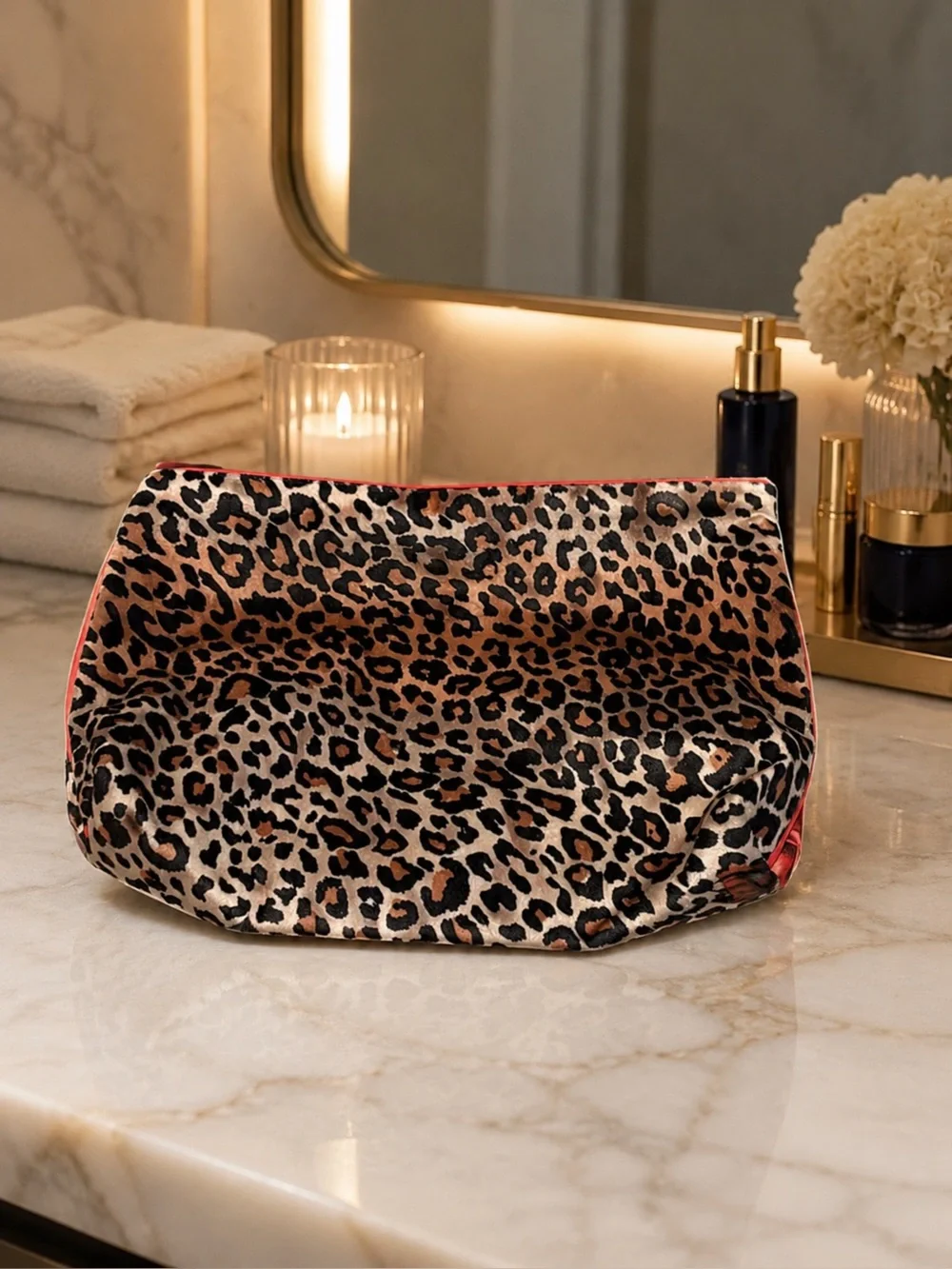 Estee Lauder Leopard Print Cosmetic Pouch in Brown and Black with Pink Trim